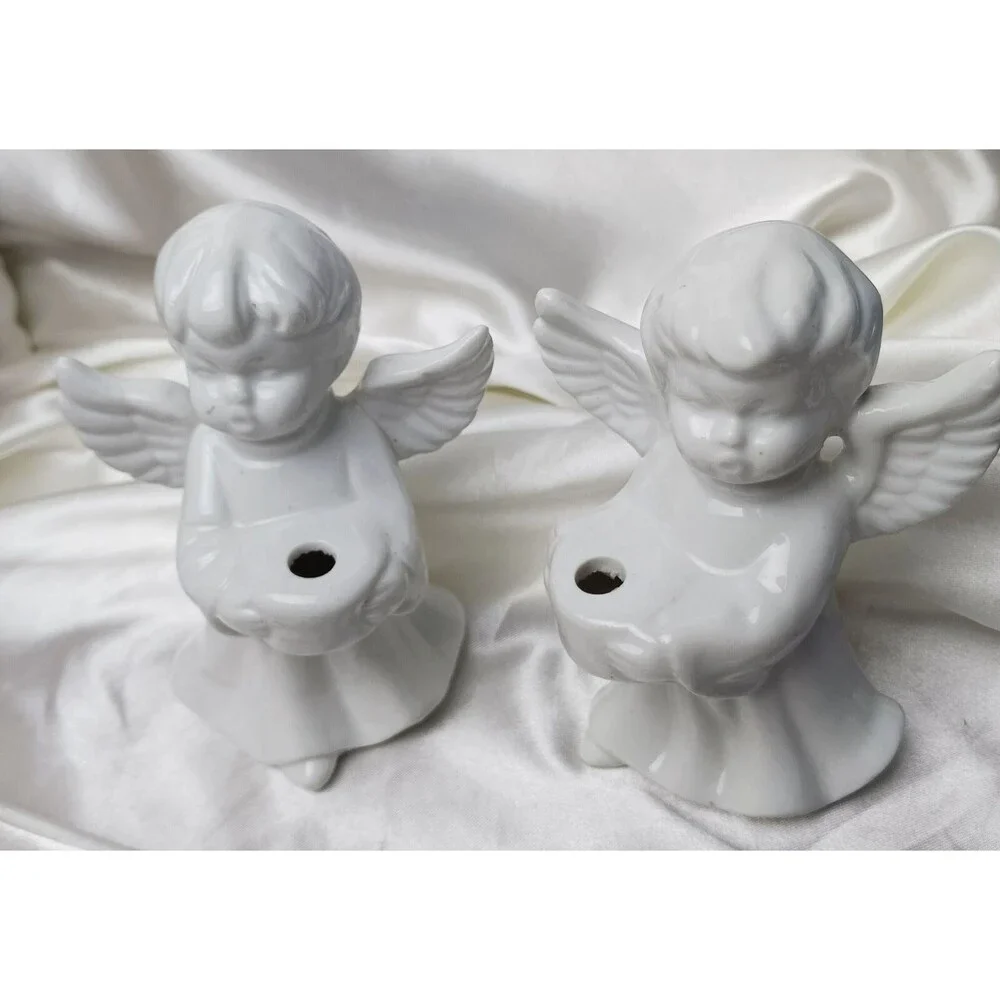 Pair Of Vintage White Ceramic Cherub Angel Candle Holder Figurines 4''